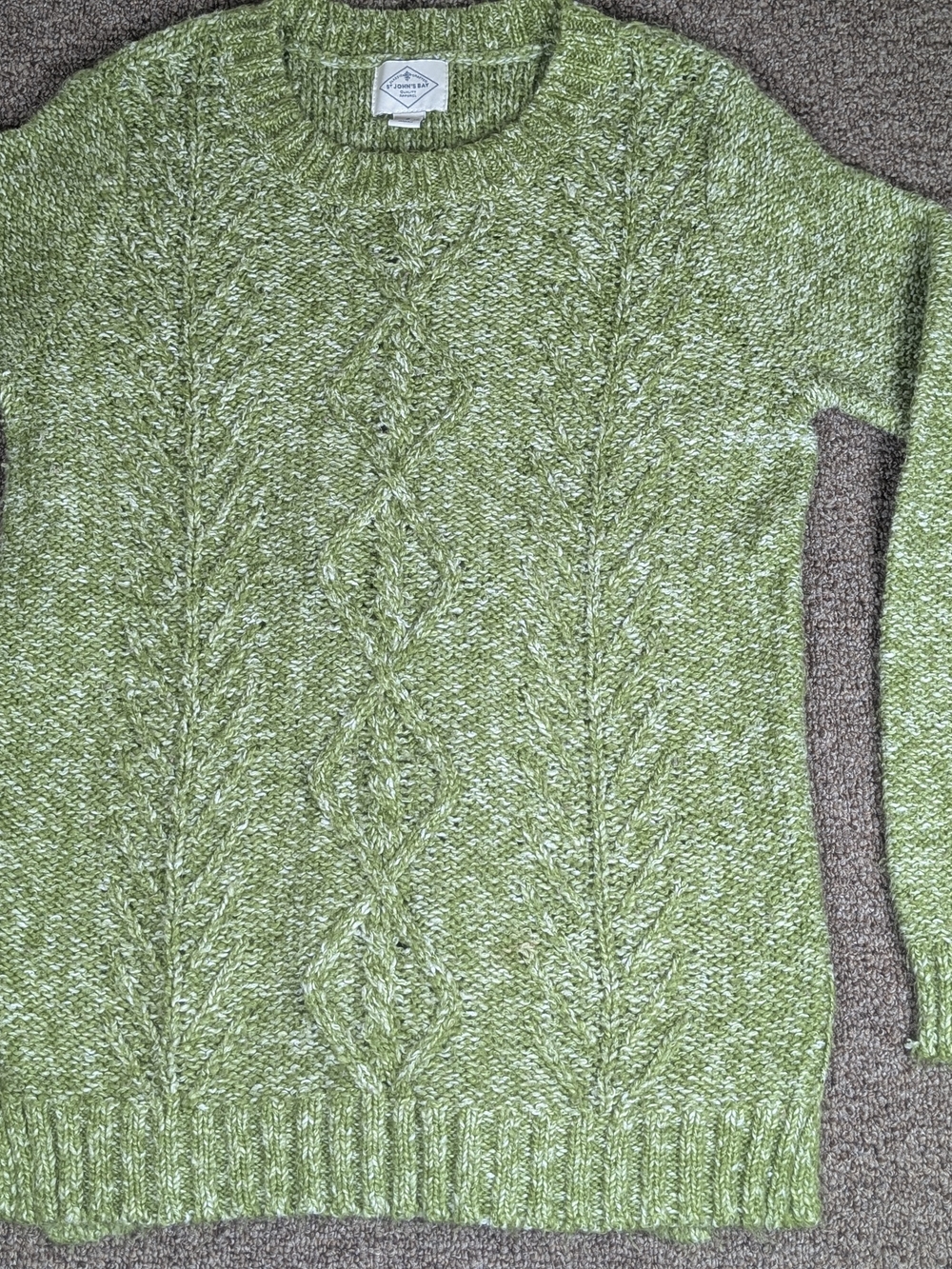 St. John's Bay Women's Cable Knit Sweater Small Green Marled Crewneck Pullover